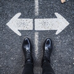 Fototapeta premium Feet in Black Boots Facing Two Diverging Directions on Path