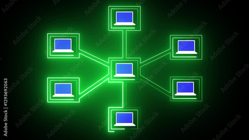 Poster abstract glowing neon network communication with laptop technology background. internet and network 