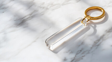 Close-up of a clear crystal keychain with a golden ring placed on a marble surface. The image symbolizes luxury, elegance, and high-quality design with its minimalist aesthetic.