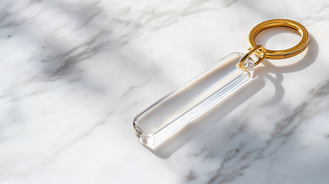 Close-up of a clear crystal keychain with a golden ring placed on a marble surface. The image symbolizes luxury, elegance, and high-quality design with its minimalist aesthetic.