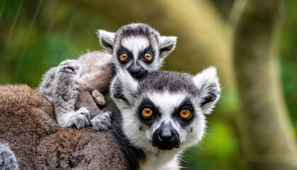 Adorable Baby Lemur Catta Clinging to Mothers Back, Playful Interaction Showcasing the Bond Between These Captivating Creatures in a Warm Forested Environment.