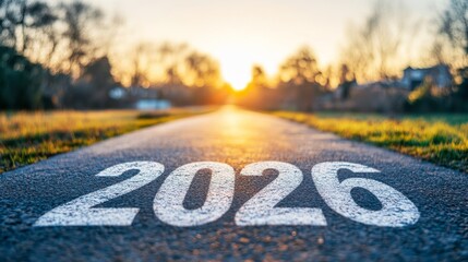 Empty Asphalt Road Leading to a Bright Future with the Year 2026 Painted on the Surface