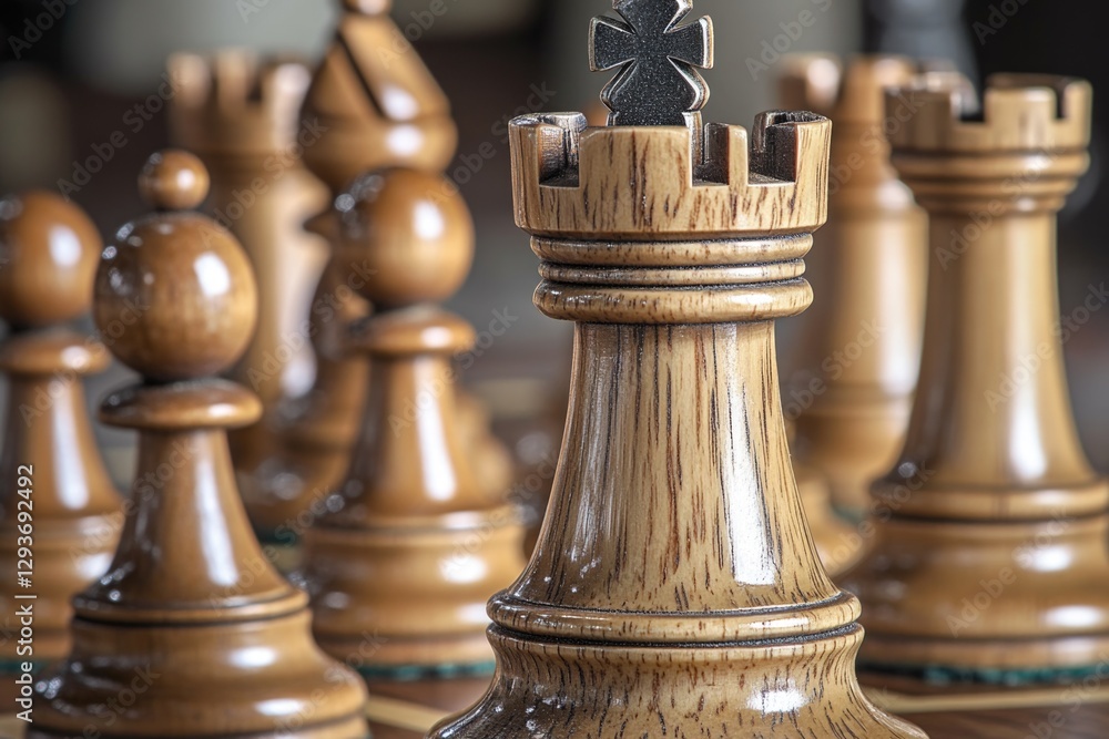 Poster Close-up view of a chess board with a clock in the center, ready for play