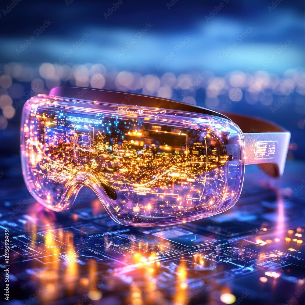 Poster futuristic high tech goggles with a dazzling display of digital lights bokeh reflections and a mesme