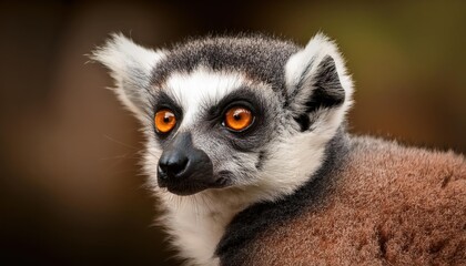 Fototapeta premium CloseUp of a Lemurs Intelligent Eye, Captivating Black and White Contrasts Against the Lush Green Forest Backdrop, Showcasing the Mystique of Madagascars Fascinating Wildlife
