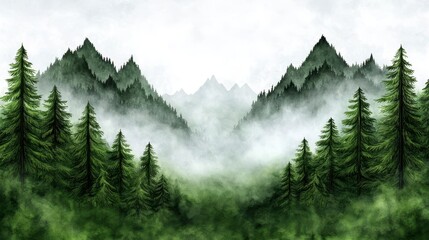 Fototapeta premium Misty forest landscape with trees shrouded in fog creating a serene nature scene in watercolor style