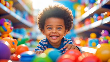 portrait little happy african american boy in toy store
