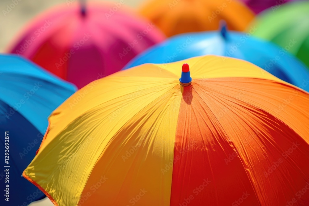 Poster a group of vibrant umbrellas sitting side by side, perfect for use in design or photography projects