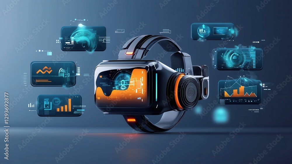 Poster futuristic virtual reality headset with interactive holographic user interface data analytics displa