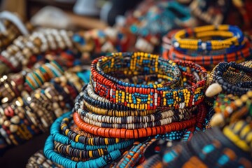 A close-up shot of various bracelets arranged on a table, ideal for use in fashion or jewelry advertising