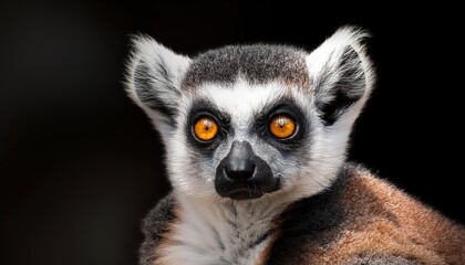 Fototapeta premium Striking BlackandWhite Lemur in High Contrast against Minimalistic Dark Backdrop, Showcasing Vivid Eyes and Expressive Body Language