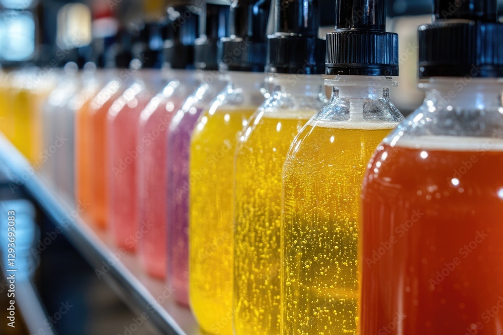 Poster A row of bottles filled with various liquids sit on a shelf, ready for use or display