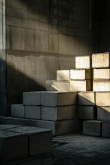 Obraz premium Concrete blocks stacked unevenly in stark light