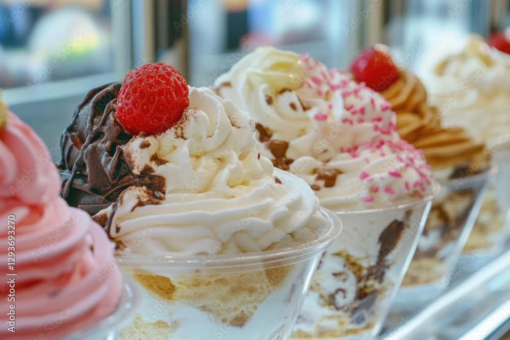 Poster a colorful array of ice cream sundaes with various toppings, perfect for advertising or promoting sw