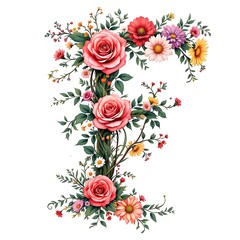 Floral Letter T Delightful Botanical Arrangement of Roses Daisies and Foliage Artistic Composition