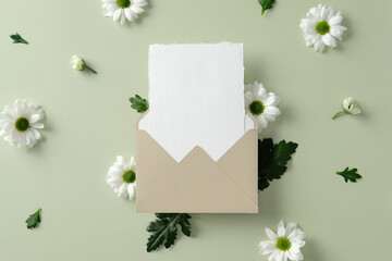 Beige envelope with blank white card surrounded by white daisies on a light green background, perfect for invitations, greeting cards