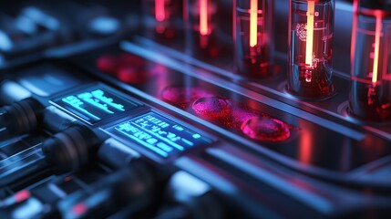 Futuristic Technology Panel Red Neon Lights Digital Interface Vacuum Tubes Sci Fi Gadget Electronic Device Modern Control Panel Advanced Technology   