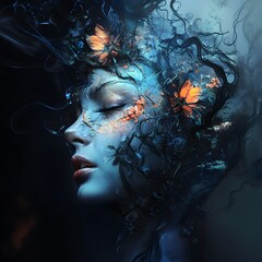 Ethereal Portrait of a Woman with Butterflies and Mystical Elements