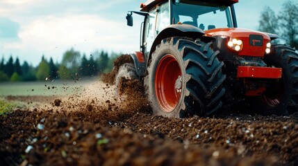 Obraz premium Organic fertilizer production, rich compost being spread on farmland, eco-friendly agricultural sustainability, cinematic natural lighting