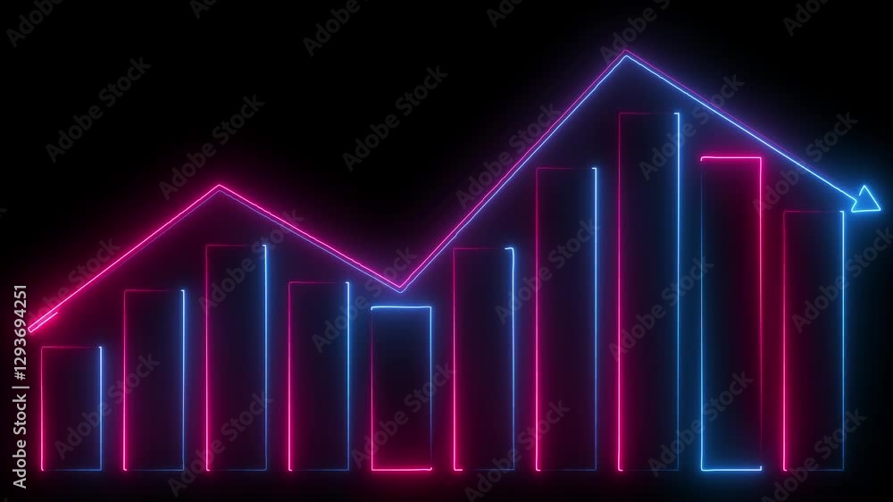 Poster neon business graph animation background. glowing business growth concept in graph chart showing mar