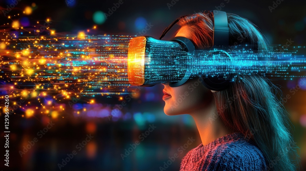 Poster a person wearing a virtual reality headset fully immersed in a futuristic neon lit digital environme