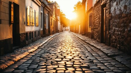 Naklejka premium Dappled light on a cobblestone street in an old European town, golden hour ambiance, travel-inspired.