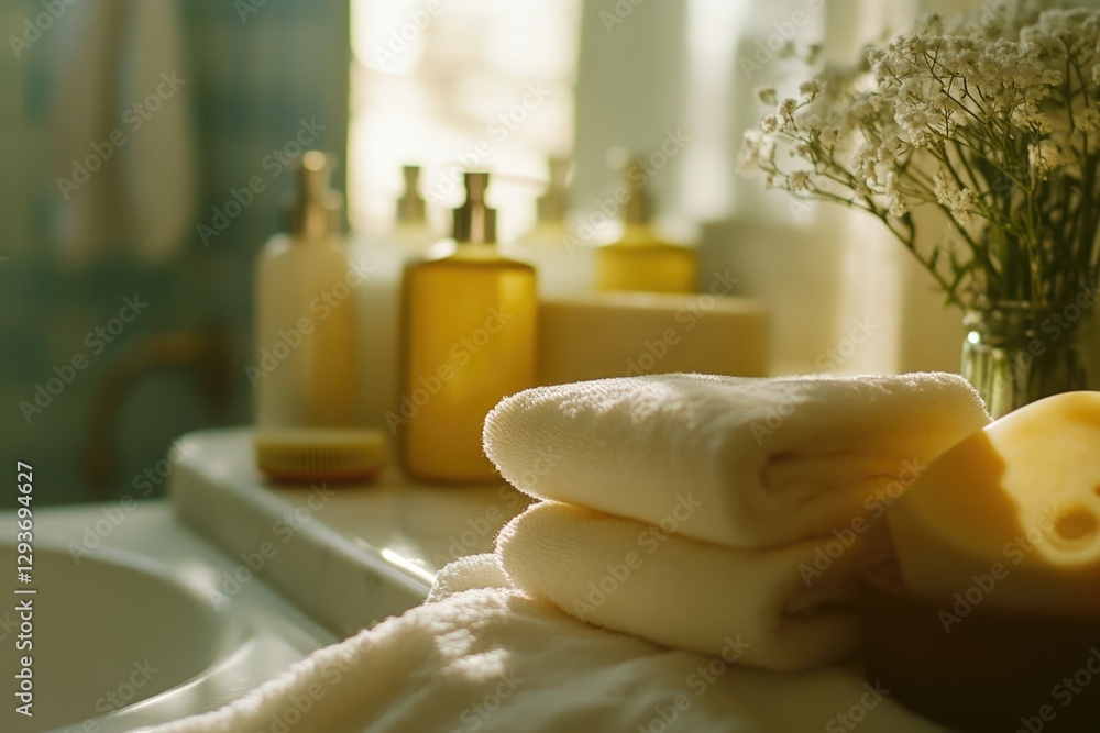 Aufkleber towels in various colors and sizes stacked on a bathroom counter, ready for use