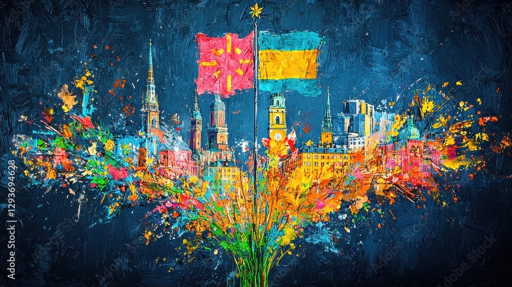 Poster vibrant abstract digital art explosion with a dynamic and energetic composition of colorful paint sp