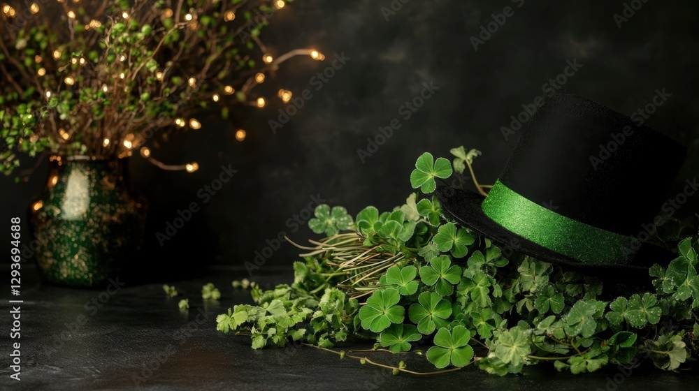 Poster decorative table with st. patrick's day attributes.