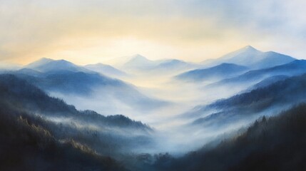 Fototapeta premium Misty mountain range at sunrise.