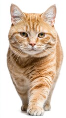 Obraz premium Orange tabby cat walking on a white background with a focused expression and alert posture