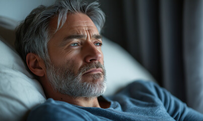 Senior bearded man with gray hair lying in bed. Rest and relaxation concept