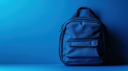 Fototapeta premium Blue backpack against a blue background.
