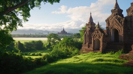 Serene Landscape of Ancient Temples Surrounded by Lush Greenery