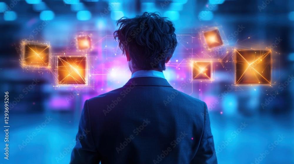 Poster futuristic digital landscape featuring a dark background with glowing holographic shapes lines and g