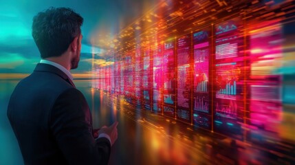 Fototapeta premium Futuristic digital landscape with a neon lit server room in the heart of a bustling financial district
