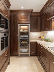 Fototapeta premium A modern kitchen showing brown cabinetry and appliances present