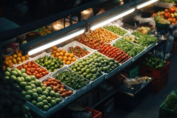 Vibrant display of fresh fruits and vegetables illuminated by ov