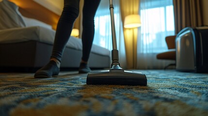 Fototapeta premium Woman cleaning carpet with vacuum cleaner in hotel room.