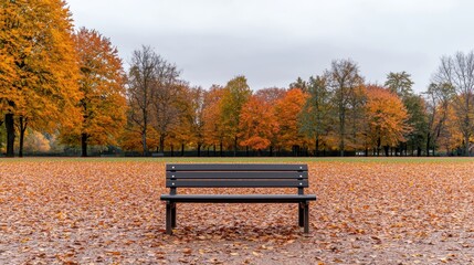 A solitary bench in a park surrounded by vibrant autumn foliage and fallen leaves on a gray day.