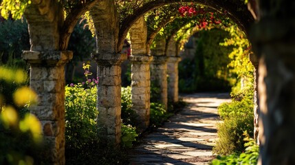 A beautiful walkway with arches and flowers in a garden, suitable for outdoor or interior decoration