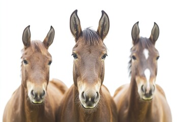 Fototapeta premium Three brown horses posing side by side, a common scene in rural settings or farm life