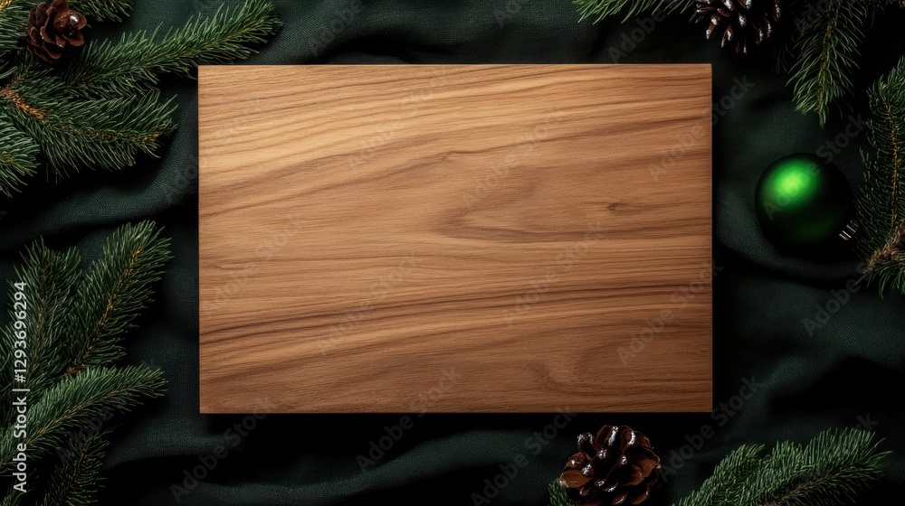Poster empty wooden board with green holiday attributes around (for text). --ar 16:9 --style raw --profile 