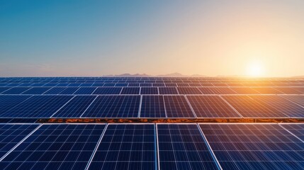 A vast array of solar panels reflects the warm glow of the sunrise, symbolizing sustainable energy and innovation.