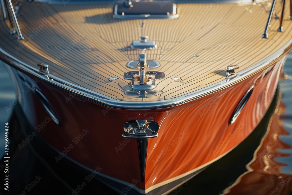 Poster a close-up shot of a small boat floating on the surface of the water, with no signs of movement or d