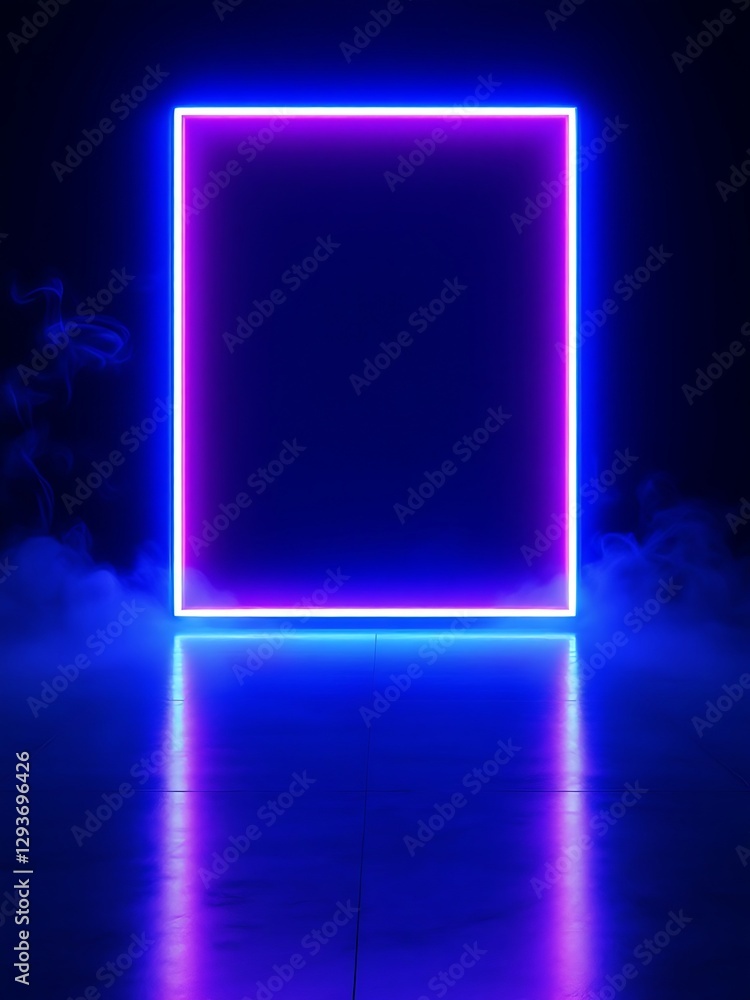 Aufkleber glowing rectangle with reflection on blue floor and light smoke effects on dark background abstract