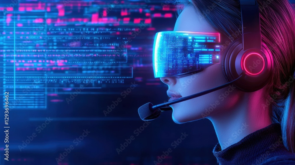 Poster virtual reality hacker coding on futuristic digital cyber tech display with neon blue and purple lig