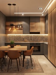 The modern kitchen features a beautifully crafted and inviting dining area