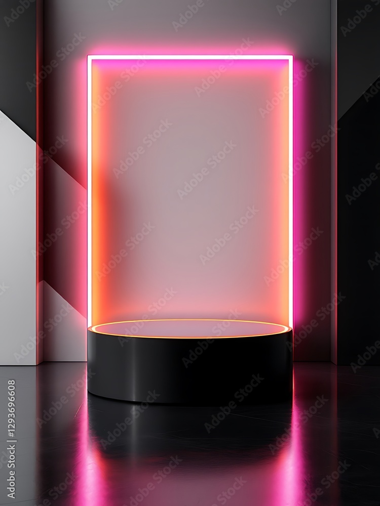 Aufkleber glowing rectangular neon frame podium display mockup in modern exhibition style rendering