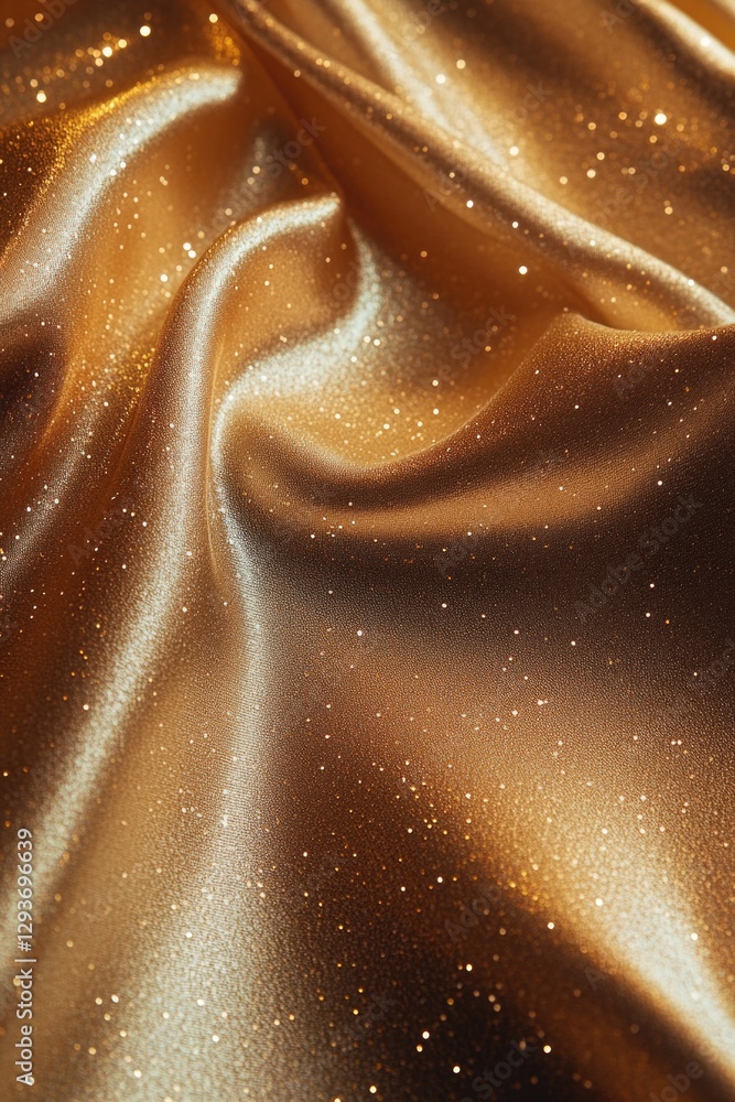 Poster a close-up shot of shiny golden fabric with intricate details, ideal for use in editorial or commerc